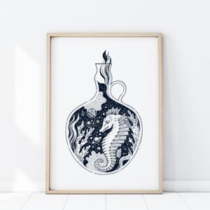 Bílý plakát na zeď s motivem mořského koníka v láhvi, P415 A4