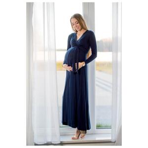 Dlouhé tmavě modré elegantní těhotenské šaty s mašlí ve výprodeji, ry0732-XL XL
