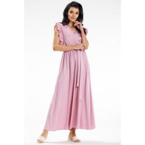 Dámské růžové maxi šaty s volány na ramenou, A633 XL