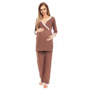 Cappuccinové těhotenské a kojící pyžamo s kalhotami a tričkem s dlouhým rukávem s výstřihem v akci, SKL PKB926 0136 L/XL