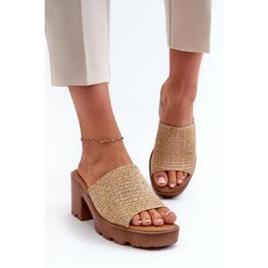Pletené béžové pantofle na podpatku ve slevě, 24SD98-6989 CAMEL__31897-39 39