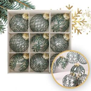 Sada vánočních koulí se zelenými vzory - 9 ks, BSN62