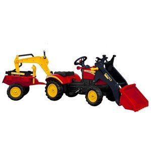 Šlapací traktor Benson s přívěsem a lžíci červený